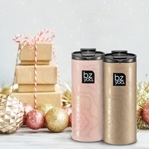 BZYOO Brew 12oz Stainless Vacuum Insulated Skinny Tumbler Coffee Drinking Mug Water Thermal Bottle with Leak Proof Lid for Everyday Use Holiday Gifts (La La Mandala Dusty Pink)