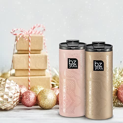 BZYOO Brew 12oz Stainless Vacuum Insulated Skinny Tumbler Coffee Drinking Mug Water Thermal Bottle with Leak Proof Lid for Everyday Use Holiday Gifts (La La Mandala Dusty Pink)