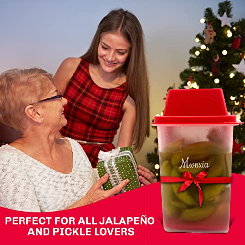 Mwnxia Chilero Jalapenos Jalapeños Pickle Storage Container with Strainer | Pickle Jar with Lifter | BPA-Free Complete with Tong (Red)