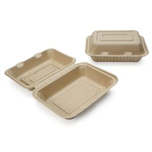 100% compostable disposable food containers with lids [9”x6” 500 pack] eco-friendly take-out to-go containers, heavy-duty, biodegradable, unbleached by earth’s natural alternative