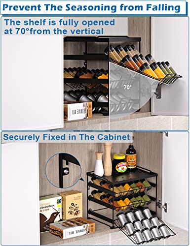 Artibear Spice Rack Organizer with Mesh Drawer for Kitchen Cabinet, 3-Tier Seasoning Storage Holder for Pantry Countertop, Matte Black (Jars Not Included)