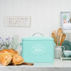 Extra Large Teal Farmhouse Bread Box for Kitchen Countertop - Breadbox Holder Fits 2+ Loaves - Bread Storage Container Bin - Rustic Bread Keeper Vintage Metal Kitchen Decor for Counter(Bread Box)