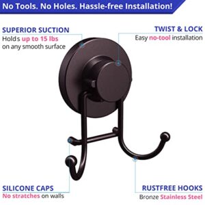 HOME SO Suction Cup Hooks for Shower, Bathroom, Kitchen, Glass Door, Mirror, Tile – Loofah, Towel, Coat, Bath Robe Hook Holder for Hanging up to 15 lbs – Rustproof Bronze Stainless Steel (2-Pack)