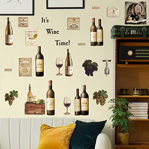 8 Sheets Wine Bottle Kitchen Wall Decals Grape Fruit Wall Stickers Wine Kitchen Decor Wine Tasting Stickers Peel and Murals for Kitchen Dining Living Room Bar Restaurant