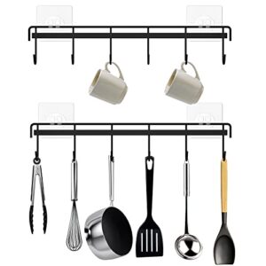 homebros kitchen utensil rail rack, 2 packs adhesive utensil rack holder with 6 hooks no drilling wall mounted hanger for kitchenware cups mugs towels – black
