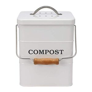 Compost Bin Kitchen Countertop Indoor Compost Pail Bucket, Great for Food Scraps, Carbon Steel, Handles, White, 1 Gallon - Includes Charcoal Filter