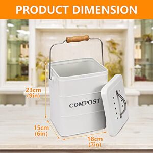 Compost Bin Kitchen Countertop Indoor Compost Pail Bucket, Great for Food Scraps, Carbon Steel, Handles, White, 1 Gallon - Includes Charcoal Filter