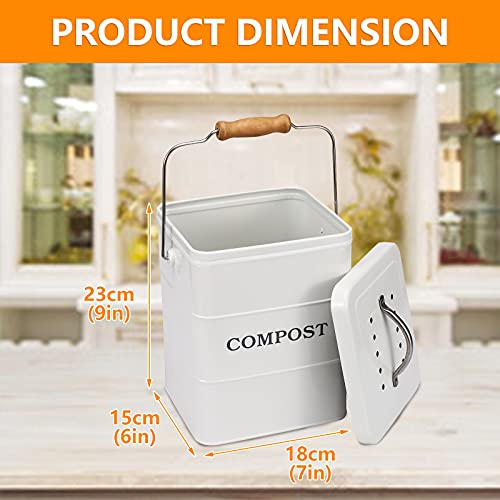 Compost Bin Kitchen Countertop Indoor Compost Pail Bucket, Great for Food Scraps, Carbon Steel, Handles, White, 1 Gallon - Includes Charcoal Filter