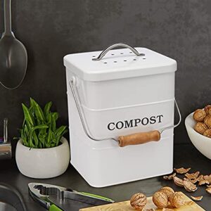 Compost Bin Kitchen Countertop Indoor Compost Pail Bucket, Great for Food Scraps, Carbon Steel, Handles, White, 1 Gallon - Includes Charcoal Filter