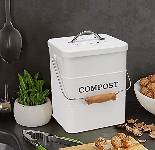 Compost Bin Kitchen Countertop Indoor Compost Pail Bucket, Great for Food Scraps, Carbon Steel, Handles, White, 1 Gallon - Includes Charcoal Filter