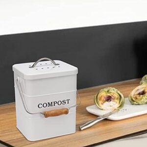 Compost Bin Kitchen Countertop Indoor Compost Pail Bucket, Great for Food Scraps, Carbon Steel, Handles, White, 1 Gallon - Includes Charcoal Filter