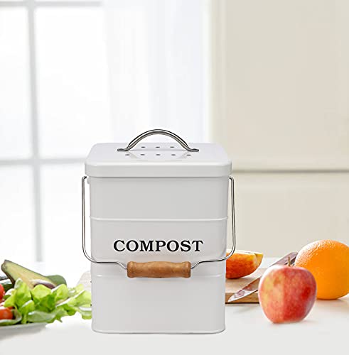 Compost Bin Kitchen Countertop Indoor Compost Pail Bucket, Great for Food Scraps, Carbon Steel, Handles, White, 1 Gallon - Includes Charcoal Filter