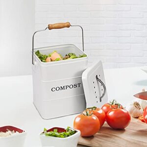 Compost Bin Kitchen Countertop Indoor Compost Pail Bucket, Great for Food Scraps, Carbon Steel, Handles, White, 1 Gallon - Includes Charcoal Filter