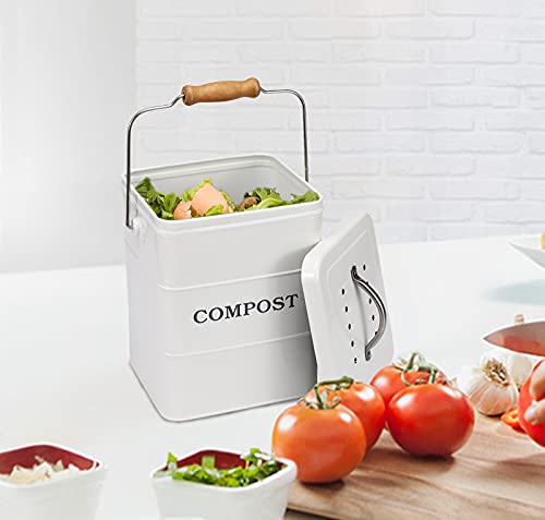 Compost Bin Kitchen Countertop Indoor Compost Pail Bucket, Great for Food Scraps, Carbon Steel, Handles, White, 1 Gallon - Includes Charcoal Filter