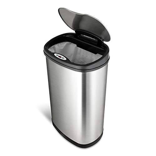 Ninestars DZT-50-13 Automatic Touchless Motion Sensor Oval Trash Can with Black Top, 13 gallon/50 L, Stainless Steel