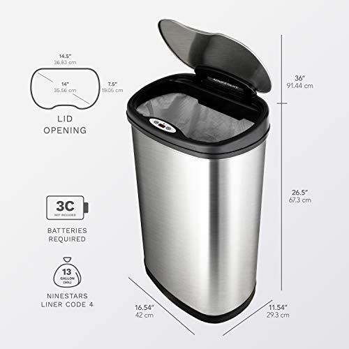 Ninestars DZT-50-13 Automatic Touchless Motion Sensor Oval Trash Can with Black Top, 13 gallon/50 L, Stainless Steel