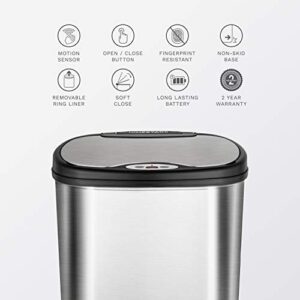 Ninestars DZT-50-13 Automatic Touchless Motion Sensor Oval Trash Can with Black Top, 13 gallon/50 L, Stainless Steel