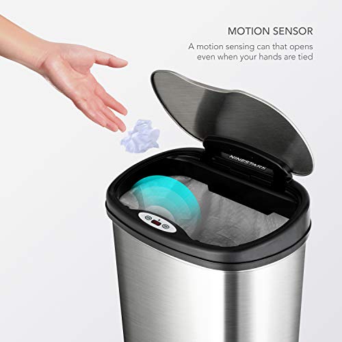 Ninestars DZT-50-13 Automatic Touchless Motion Sensor Oval Trash Can with Black Top, 13 gallon/50 L, Stainless Steel