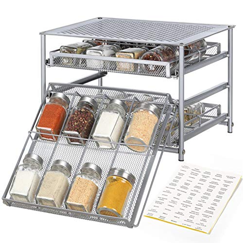 NEX 3 Tier Spice Rack Organizer, Spice Organizer Drawer for Kitchen Cabinet or Countertop, Silver