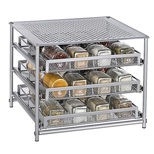 NEX 3 Tier Spice Rack Organizer, Spice Organizer Drawer for Kitchen Cabinet or Countertop, Silver