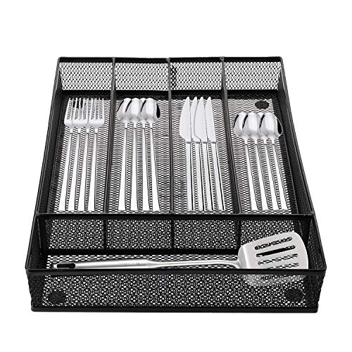 Cedilis Cutlery Tray, 5 Compartments Flatware Organizers, Metal Kitchen Utensil Drawer Silverware Tray, The Mesh Collection for Knives Spoons Forks with 4 Foam Feet, Black