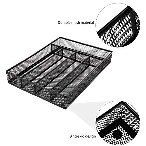 Cedilis Cutlery Tray, 5 Compartments Flatware Organizers, Metal Kitchen Utensil Drawer Silverware Tray, The Mesh Collection for Knives Spoons Forks with 4 Foam Feet, Black