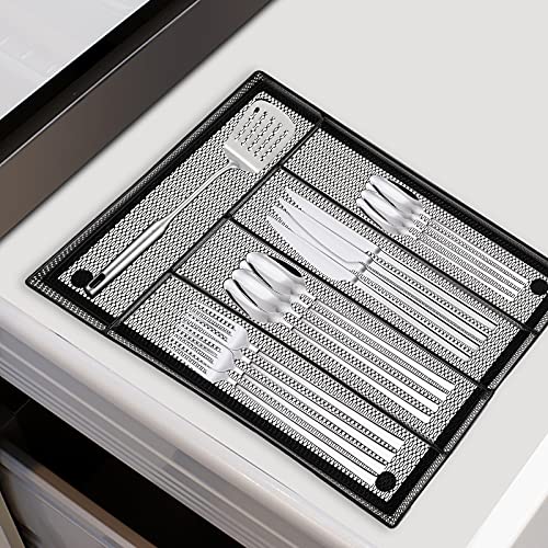 Cedilis Cutlery Tray, 5 Compartments Flatware Organizers, Metal Kitchen Utensil Drawer Silverware Tray, The Mesh Collection for Knives Spoons Forks with 4 Foam Feet, Black