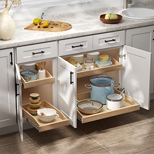 LOVMOR Single Pull Out Cabinet Organizer 26”W x 21”D, Soft Close Slide Out Drawer Storage Shelves for Kitchen, Wood Cabinet Shelf Pull-Out Organizer Storage for Base Cabinet