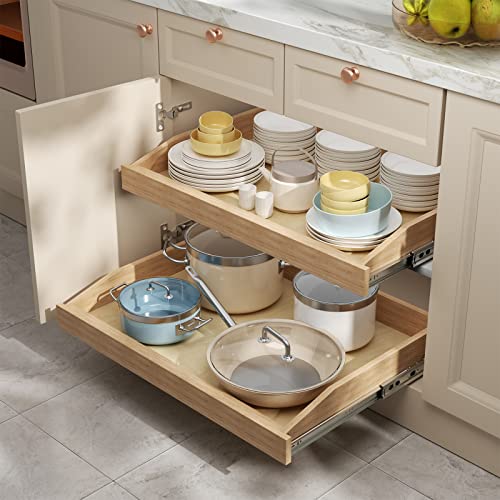 LOVMOR Single Pull Out Cabinet Organizer 26”W x 21”D, Soft Close Slide Out Drawer Storage Shelves for Kitchen, Wood Cabinet Shelf Pull-Out Organizer Storage for Base Cabinet
