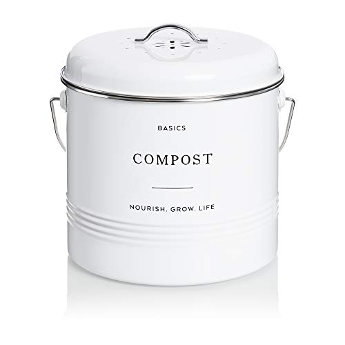 D’Lifeful Farmhouse Compost Bin for Kitchen Indoor – 1.3 Gallon Carbon Steel Countertop Compost Bin – Sealed with Airtight Lid - Compost Pail or Compost Bucket with 6 Charcoal Filters – Stylish, White