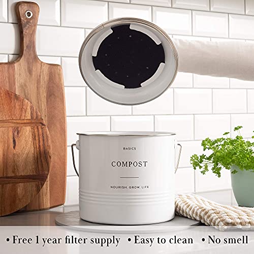 D’Lifeful Farmhouse Compost Bin for Kitchen Indoor – 1.3 Gallon Carbon Steel Countertop Compost Bin – Sealed with Airtight Lid - Compost Pail or Compost Bucket with 6 Charcoal Filters – Stylish, White