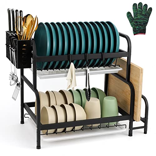 BSEKUJIN Dish Drying Rack,2Tier Dish Racks,Black Dish Drainer with Drainboards,Utensils Holder,Cutting Board Holder for Kitchen Counter