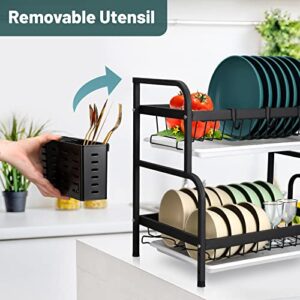 BSEKUJIN Dish Drying Rack,2Tier Dish Racks,Black Dish Drainer with Drainboards,Utensils Holder,Cutting Board Holder for Kitchen Counter