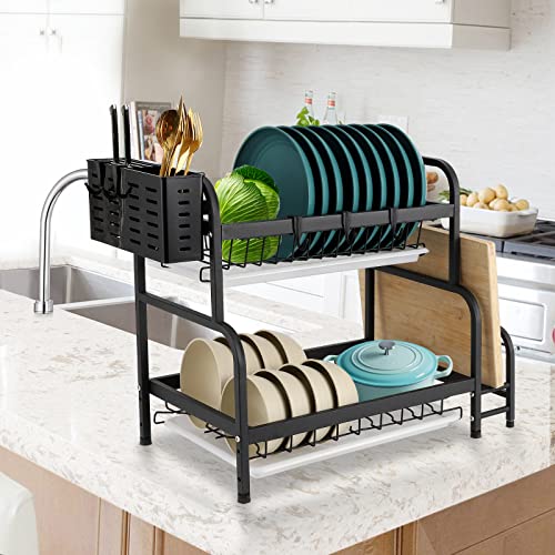 BSEKUJIN Dish Drying Rack,2Tier Dish Racks,Black Dish Drainer with Drainboards,Utensils Holder,Cutting Board Holder for Kitchen Counter