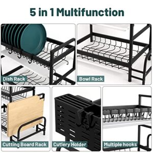 BSEKUJIN Dish Drying Rack,2Tier Dish Racks,Black Dish Drainer with Drainboards,Utensils Holder,Cutting Board Holder for Kitchen Counter