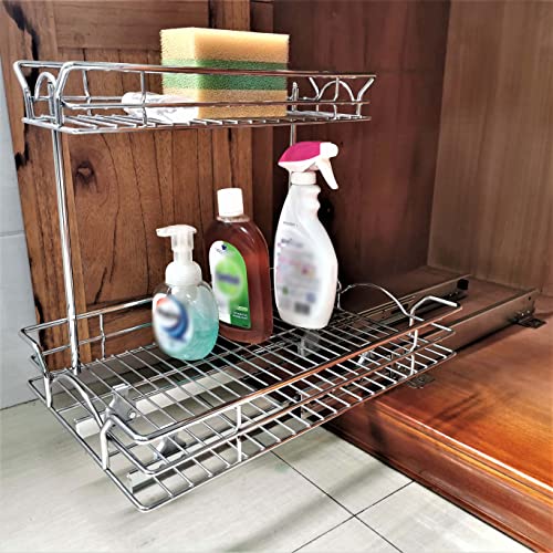OCG 2 Tier Under Sink Pull Out Organizer (11" W x 18" D x 15.8" H), Under Sink Organizers and Storage for Kitchen Bathroom Cabinet, Chrome Finish