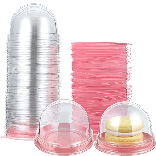 50 Pcs Clear Plastic Mini Cupcake Container, Mini Cupcake Box Muffin Dome Muffin Single Container Box for Wedding Birthday Cheese Pastry Dessert Cake (Pink)