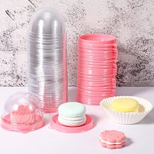 50 Pcs Clear Plastic Mini Cupcake Container, Mini Cupcake Box Muffin Dome Muffin Single Container Box for Wedding Birthday Cheese Pastry Dessert Cake (Pink)