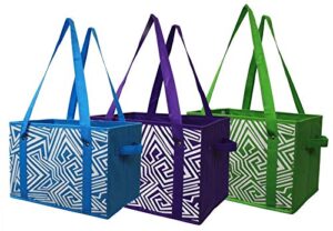 earthwise deluxe collapsible reusable shopping box grocery bag set with reinforced bottom storage boxes bins cubes (set of 3) (green/turq/purple)…