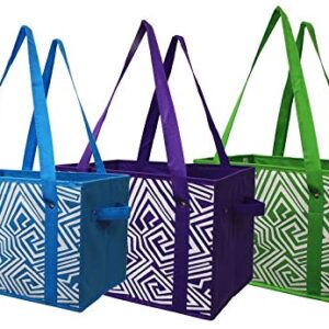 Earthwise Deluxe Collapsible Reusable Shopping Box Grocery Bag Set with Reinforced Bottom Storage Boxes Bins Cubes (Set of 3) (Green/Turq/Purple)…