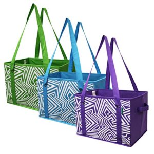 Earthwise Deluxe Collapsible Reusable Shopping Box Grocery Bag Set with Reinforced Bottom Storage Boxes Bins Cubes (Set of 3) (Green/Turq/Purple)…