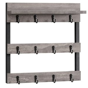 honiter coffee mug rack wall mounted, rustic wood coffee cup holder organizer with 12 hooks and storage shelf , wall mug rack for display, collection, home kitchen (gray)