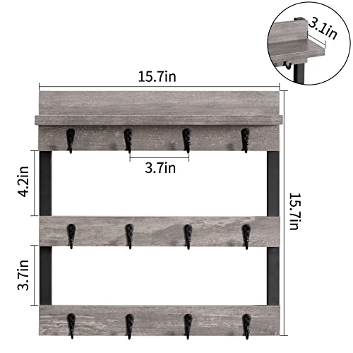 Honiter Coffee Mug Rack Wall Mounted, Rustic Wood Coffee Cup Holder Organizer with 12 Hooks and Storage Shelf , Wall Mug Rack for Display, Collection, Home Kitchen (Gray)