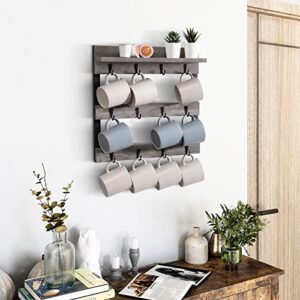 Honiter Coffee Mug Rack Wall Mounted, Rustic Wood Coffee Cup Holder Organizer with 12 Hooks and Storage Shelf , Wall Mug Rack for Display, Collection, Home Kitchen (Gray)