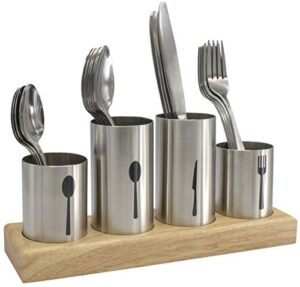 sorbus silverware holder with caddy for spoons, knives forks, etc — ideal for kitchen, dining, entertaining, buffet, picnic, and more — stainless steel with bamboo wood base