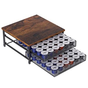 2-tier coffee pod drawer holder organiser, wooden finish for 72 capacity k pod, coffee machine stand container storage sliding mesh baskets compatible for home office kitchen cafe counter, black