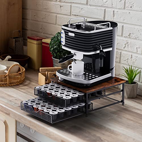 2-Tier Coffee Pod Drawer Holder Organiser, Wooden Finish for 72 Capacity K Pod, Coffee Machine Stand Container Storage Sliding Mesh Baskets Compatible for Home Office Kitchen Cafe Counter, Black