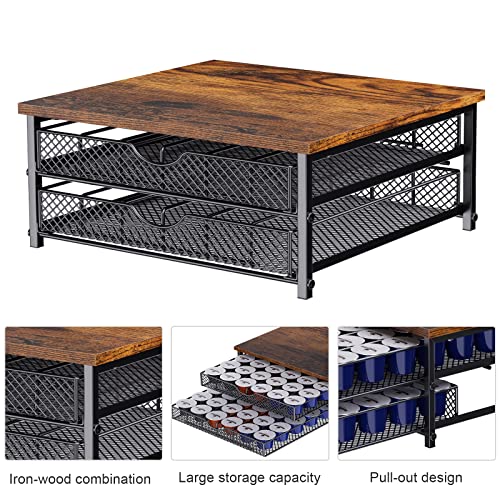 2-Tier Coffee Pod Drawer Holder Organiser, Wooden Finish for 72 Capacity K Pod, Coffee Machine Stand Container Storage Sliding Mesh Baskets Compatible for Home Office Kitchen Cafe Counter, Black