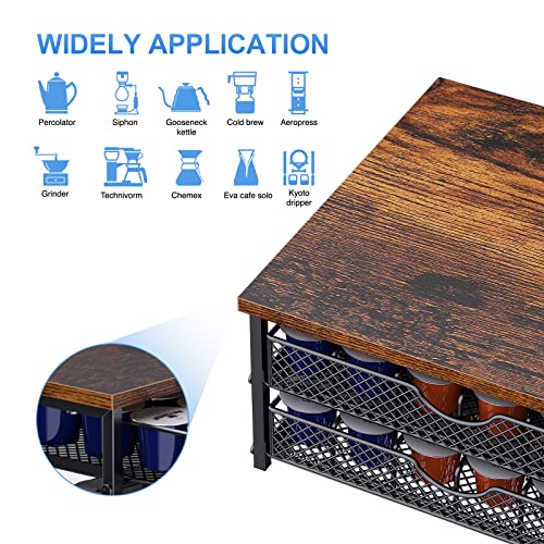 2-Tier Coffee Pod Drawer Holder Organiser, Wooden Finish for 72 Capacity K Pod, Coffee Machine Stand Container Storage Sliding Mesh Baskets Compatible for Home Office Kitchen Cafe Counter, Black