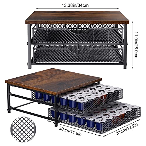 2-Tier Coffee Pod Drawer Holder Organiser, Wooden Finish for 72 Capacity K Pod, Coffee Machine Stand Container Storage Sliding Mesh Baskets Compatible for Home Office Kitchen Cafe Counter, Black